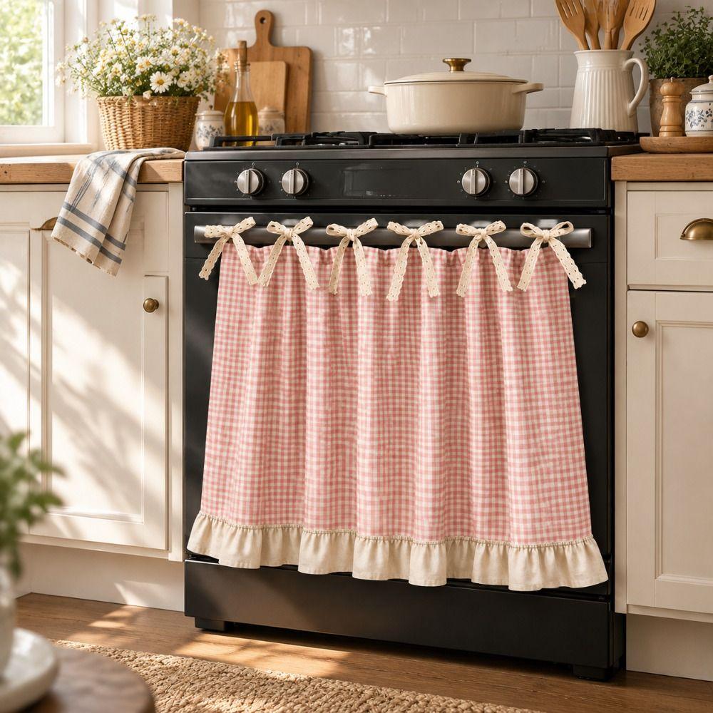 Ruffle Trim Bow Tie Oven Cover Curtain Coffee Machine Half Curtain Cabinet Window