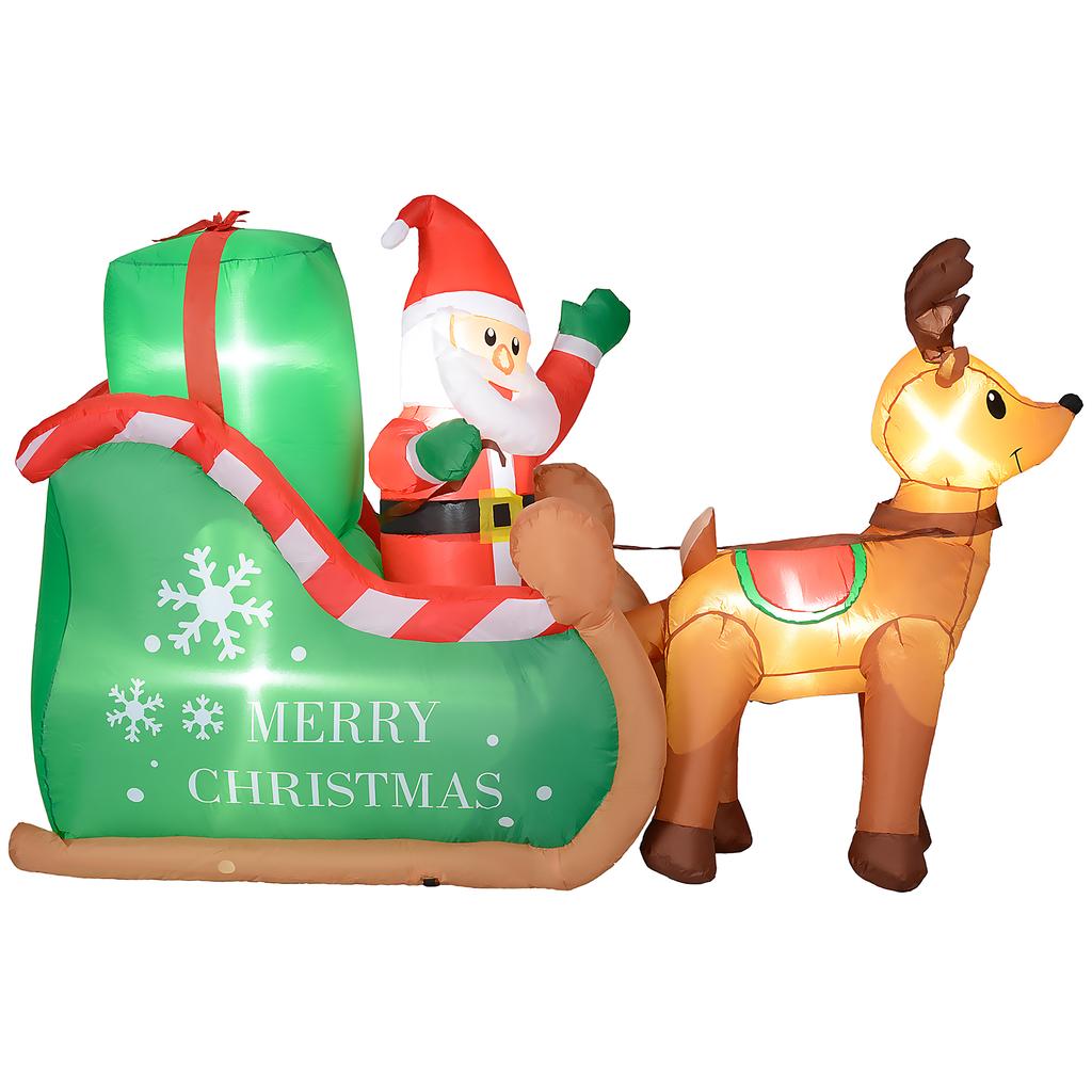 Santa Claus with sleigh & reindeer, inflatable, white LED lighting, 210 x 80 x 140 cm