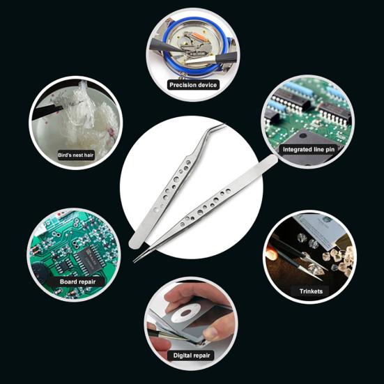 Stainless Steel Electronics Precision Curved/Straight Tip Tweezers Repair Tool