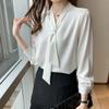 2021 Spring  Chiffon Women Blouse Fashion Office Lady Long Sleeve Solid Women Shirt With Tie V Neck Loose Top Female 13022