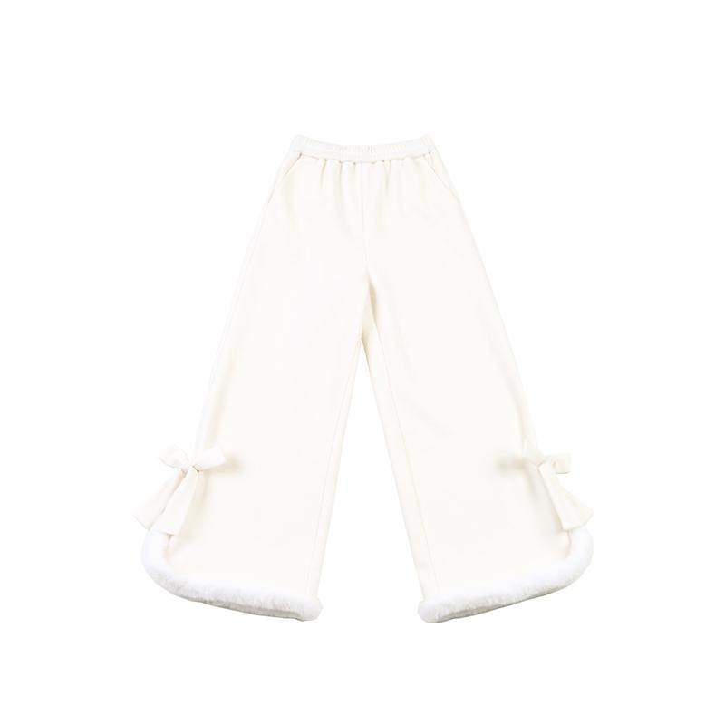 Японские повседневные брюки в стиле Лолита в стиле кавайи для женщин, теплые плюшевые брюки в корейском стиле, женские свободные брюки с милым бантом, широкие брюки для зимы