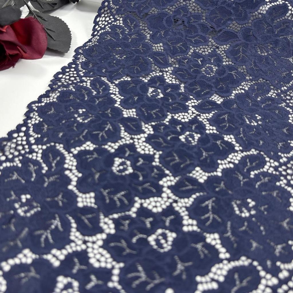 Stretch Lace, 20cm wide Dark Blue Elastic Elastane Lace Trim for Lingerie, Bra, Underwear, Dress, Garment, Sewing & Crafting