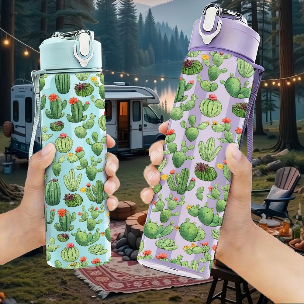 1PC Green Cactus Desert Plant Pattern 750ml Color Plastic Sports Water Bottle Leakproof Flip Straw Lid Suitable for Sports Office Home Use