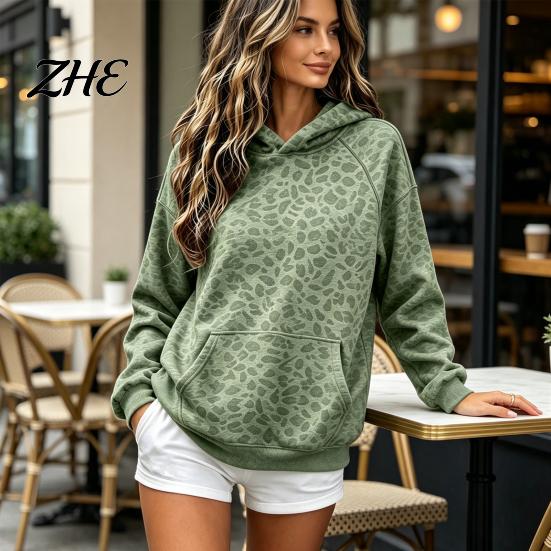 Relaxed Fit Hoodie Women Leopard Print Hoodie, Oversized Drop Shoulder Hooded Sweatshirt with Pocket, Comfortable Long Sleeve Loose Casual Pullover