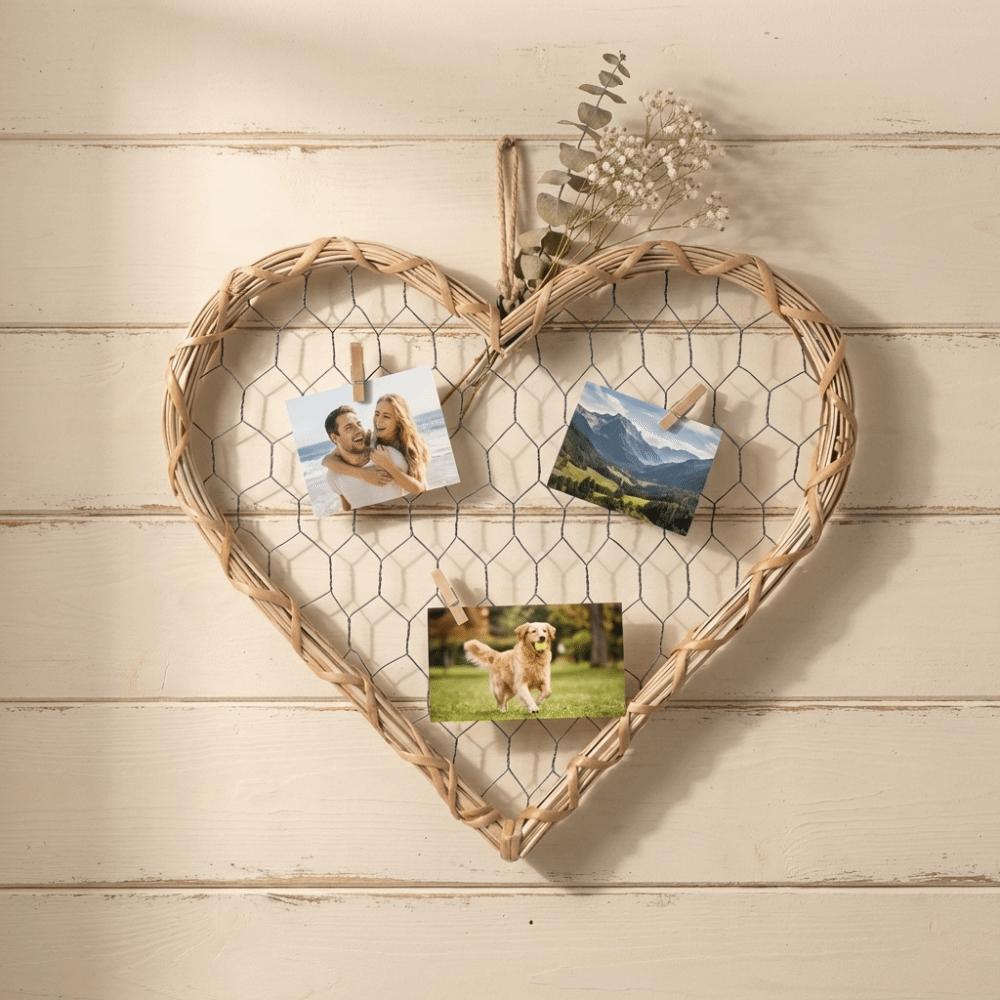 Rustic Heart-Shaped Photo Frame Hanging Romantic Wall Decoration Frame Natural DIY Family Photos Display Holder Wedding Gift