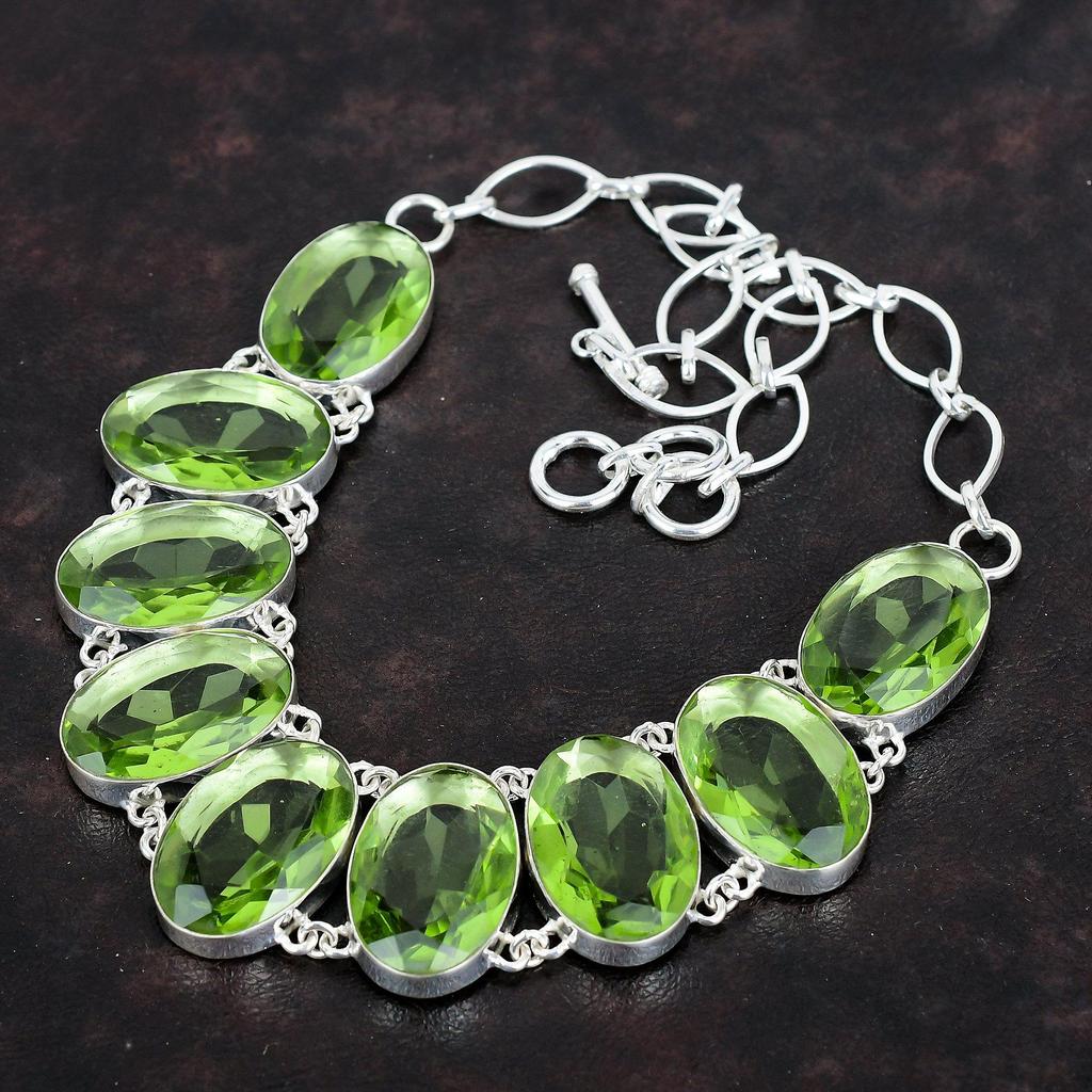 Ожерелье из граненого зеленого аметиста, ожерелье из драгоценных камней, ювелирные изделия ручной работы, ожерелье из стерлингового серебра 925 пробы, регулируемая цепочка, ожерелье, подарки для женщин