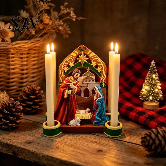 Unique Religious Christmas Gifts Nativity Scene Candle Holder, Holy Family Manger Figurine with 4 Exquisite Sculptures Slots, Vintage Candlestick for