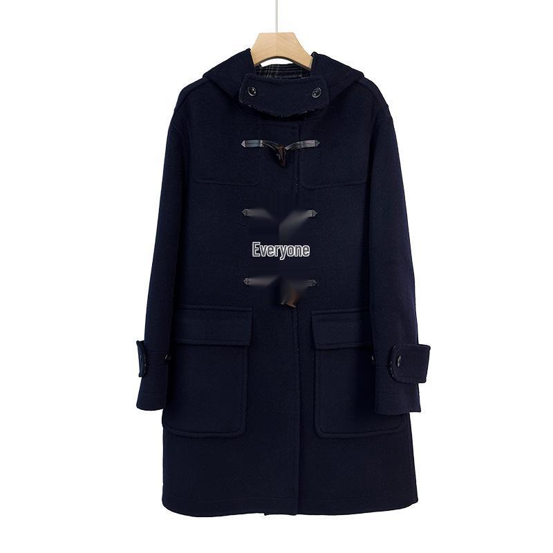 Женское пальто средней длины из шерстяной смеси в стиле преппи от E-Family с капюшоном и застежкой-пуговицей.