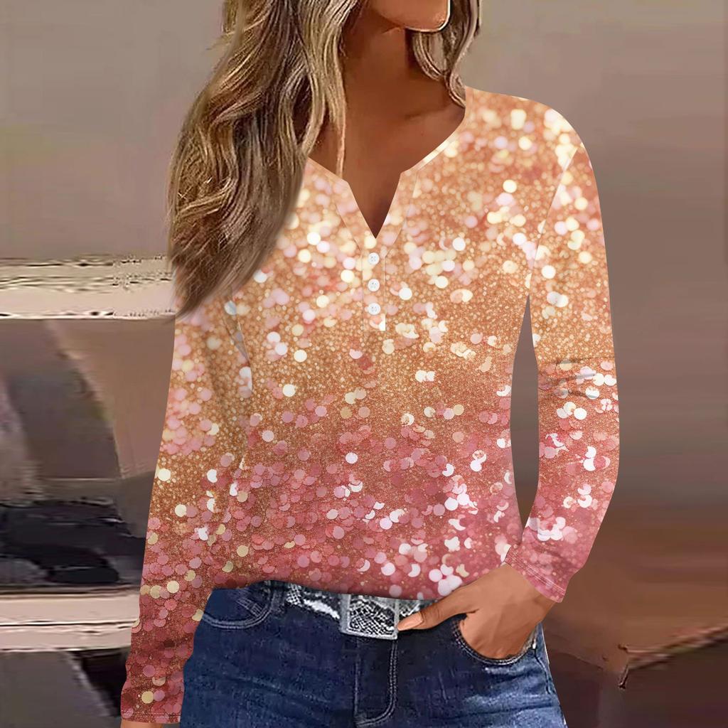 Жен. Футболка Футболка На пуговицах С принтом Длинный рукав Повседневные Выходные Мода Классический V-образный вырез Обычный Топ