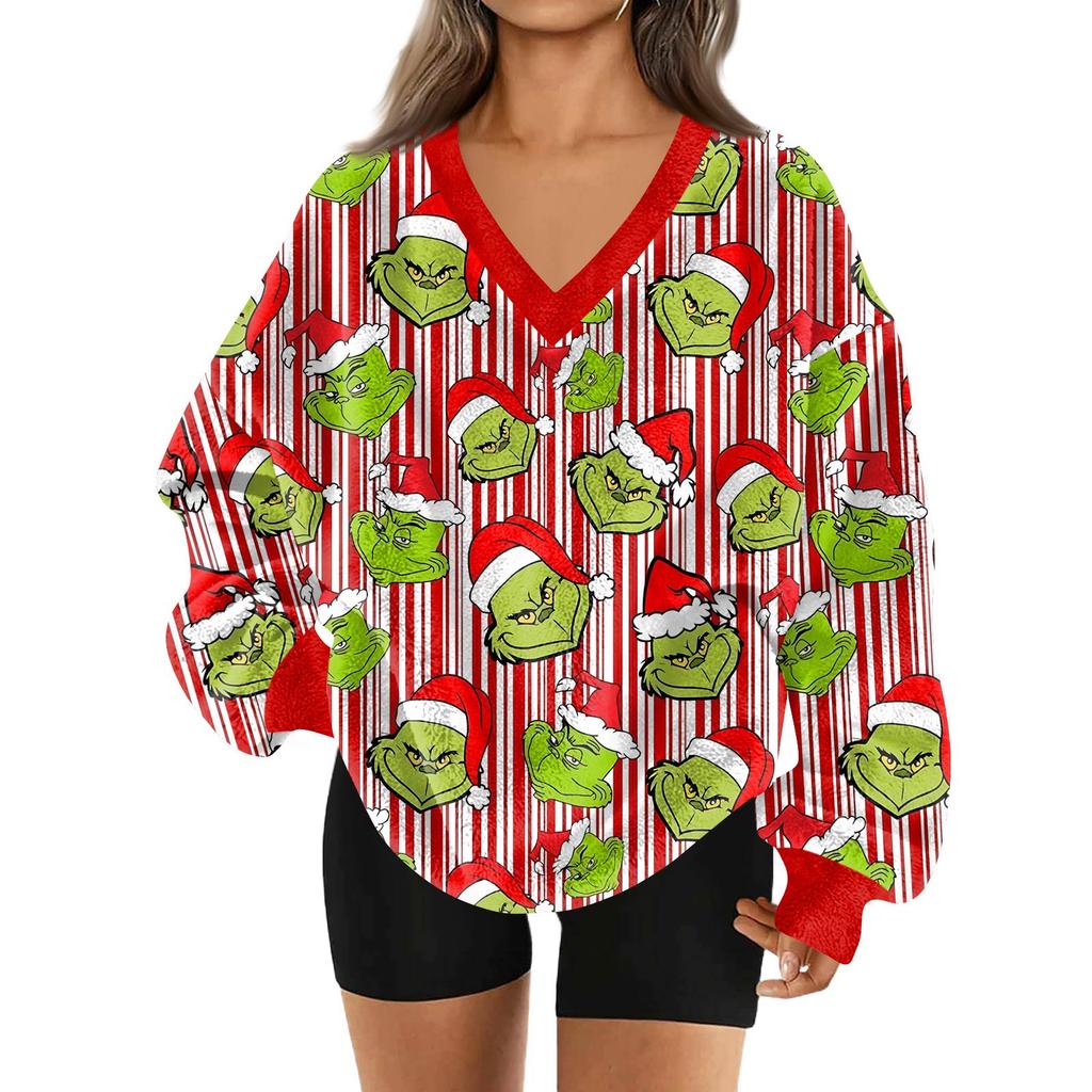 Женский модный пуловер с V-образным вырезом, рождественским принтом, длинным рукавом, повседневный, плюшевый, теплый, с карманом, толстовка, топ