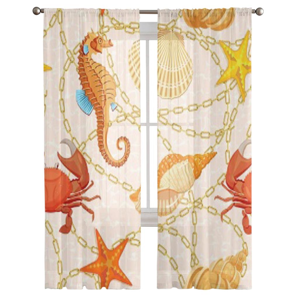 Загоны для рыб, ракушки, морские водоросли, морской конек, подводные шифоновые прозрачные шторы для гостиной, спальни, оконная вуаль, тюлевая занавеска