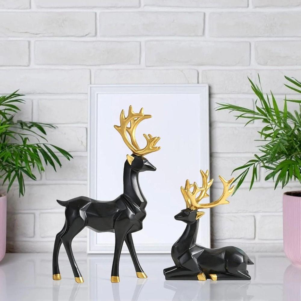 2Pcs Creative Deer Desktop Ornament Modern Cute Resin Reindeer Sculpture Durable Sitting/Standing Position Elk Home Decor