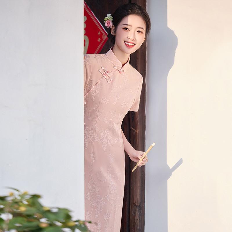 Pink Floral Brocade Cheongsam Dress Women Vintage Slim Fit Short Sleeve 2025