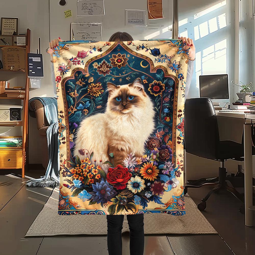1Pc Boho Floral Cat Print Flannel Blanket, High quality Comfortable for All Seasons, Home Decor, Warmth and Comfort, Perfect for Christmas Gifts
