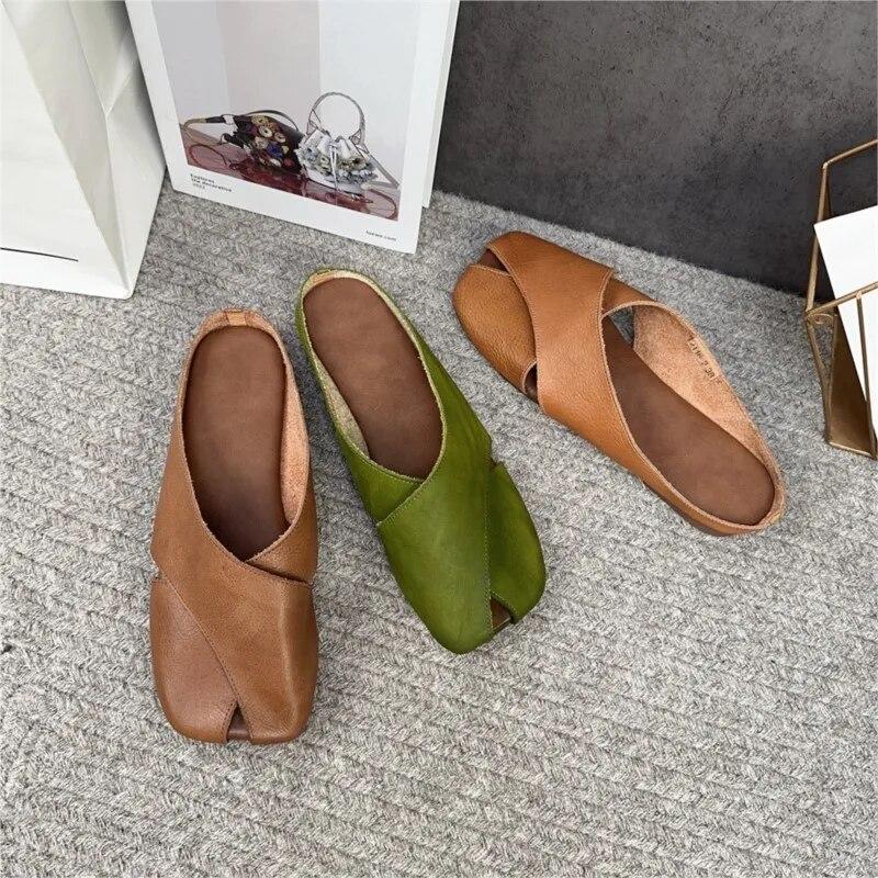 Johnature Тапочки из натуральной кожи с квадратным носком и открытым носком. Женская обувь. Повседневные шлепанцы на открытом воздухе. Удобные тапочки на плоской подошве.