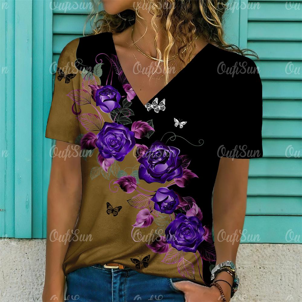 Модные женские футболки с цветочным принтом, топы с короткими рукавами и v-образным вырезом, футболки, повседневные кофты, женская футболка, одежда больших размеров