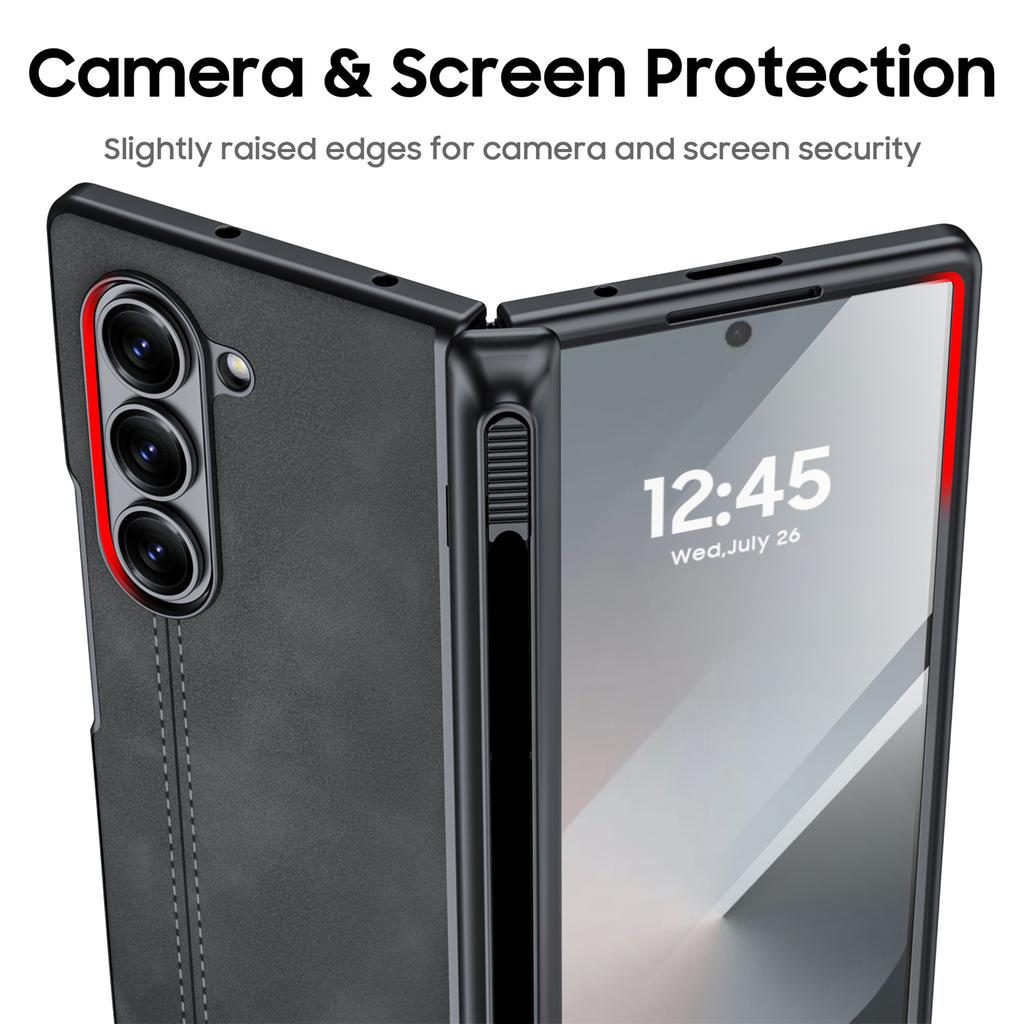 For Samsung Galaxy Z Fold 6 Phone Case With S Pen Holder, Hinge Protector and Screen Protector PU Leather Matte PC-Black