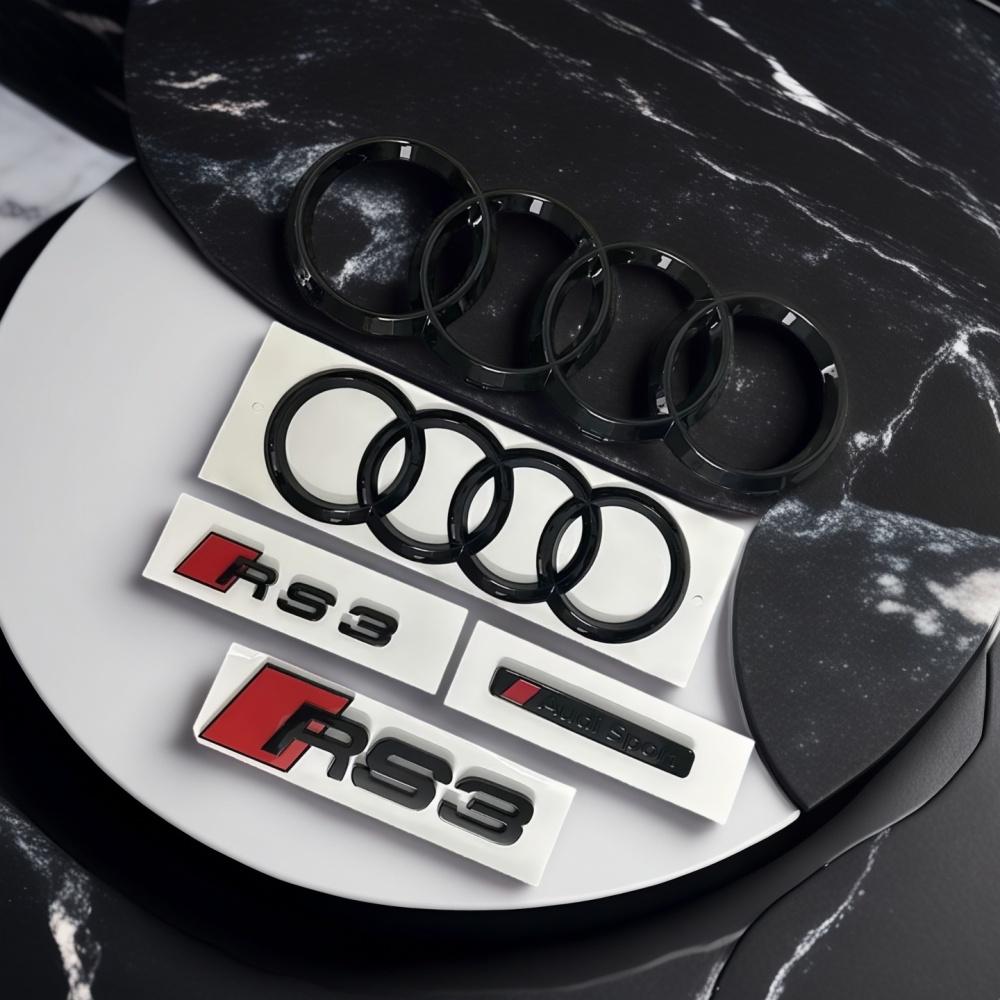 Fit AUDI RS3 2016-2020 4-Ring logo ABS Black Car Hood Front Grill Emblem Rear Trunk Badge Sticker RS3 Emblem AUD Sport Emblem