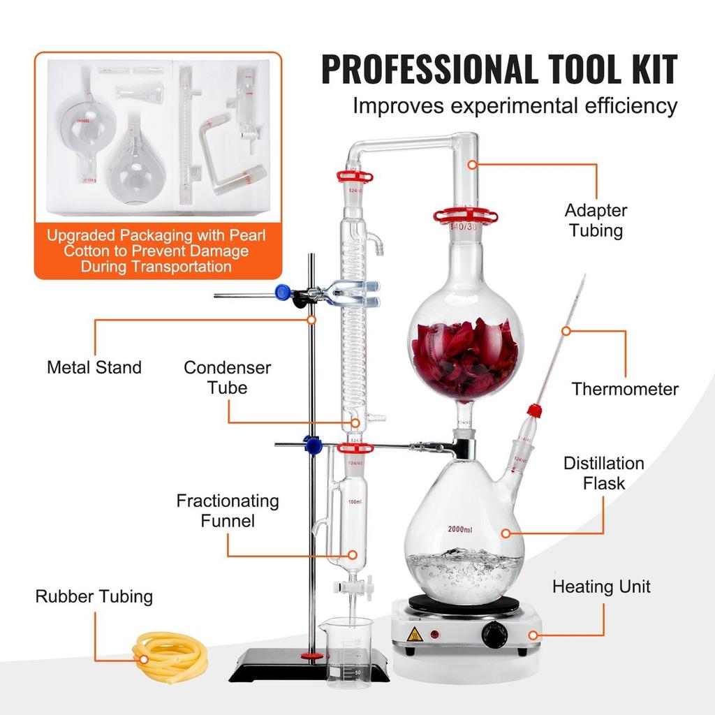 Essential Oil Distillation Kit, 2000ml Distillation Apparatus, 3.3 Boro Lab Glassware Distillation Kit with 1000W Heating Plate and 24, 40 Joint, 28