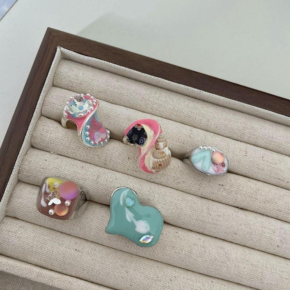 Geometric Enamel Love Heart Ring Open Ring Irregular Enamel Ring Painting Ring Women