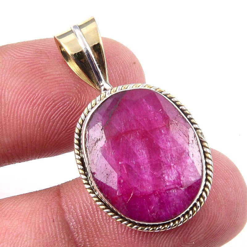 Red Ruby(Simulated) Handmade 925 Sterling Silver Two Tone Pendant 1.25" r6A66