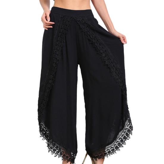 Широкие брюки с высокой талией девятой длины, однотонные женские повседневные брюки с кружевной отделкой, женская одежда