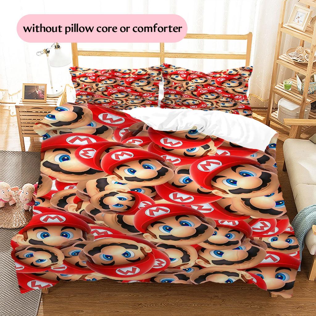 Mario Cartoon Pattern Bedding Home Decoration Birthday Gift ( 1 duvet cover + 2 pillowcase, without core),fan merchandise.