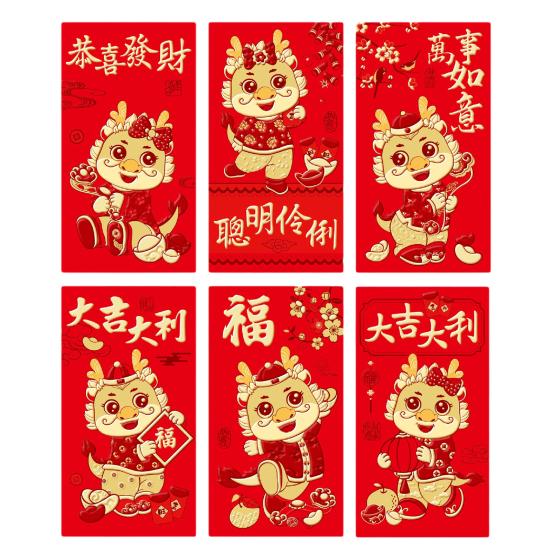 6 шт., красные конверты с китайским драконом, уникальный дизайн, традиционные денежные мешки на удачу для празднования весеннего фестиваля