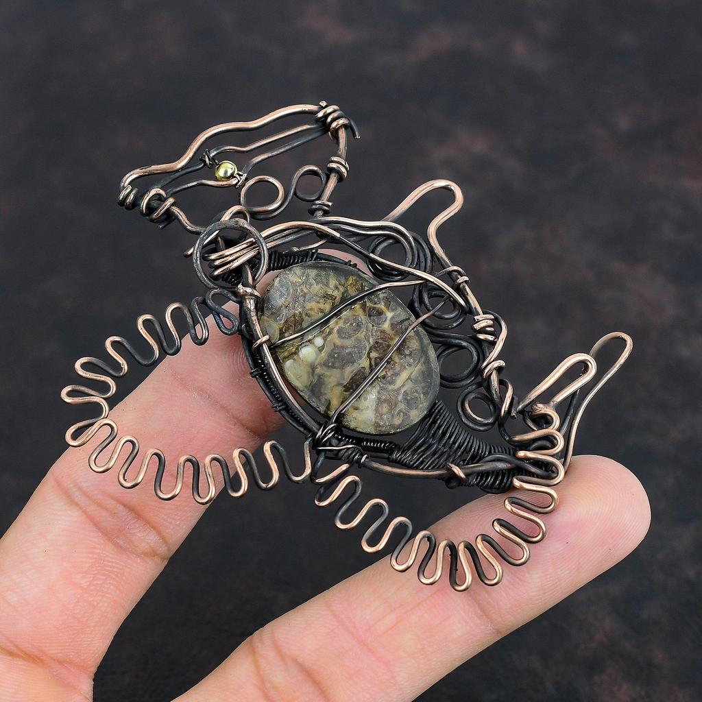 Turritella Agate Pendant Copper Wire Wrapped Pendant Handmade Copper Jewelry Gemstone Rabbit Pendant Dainty Wire Wrap Jewelry Wedding Gifts