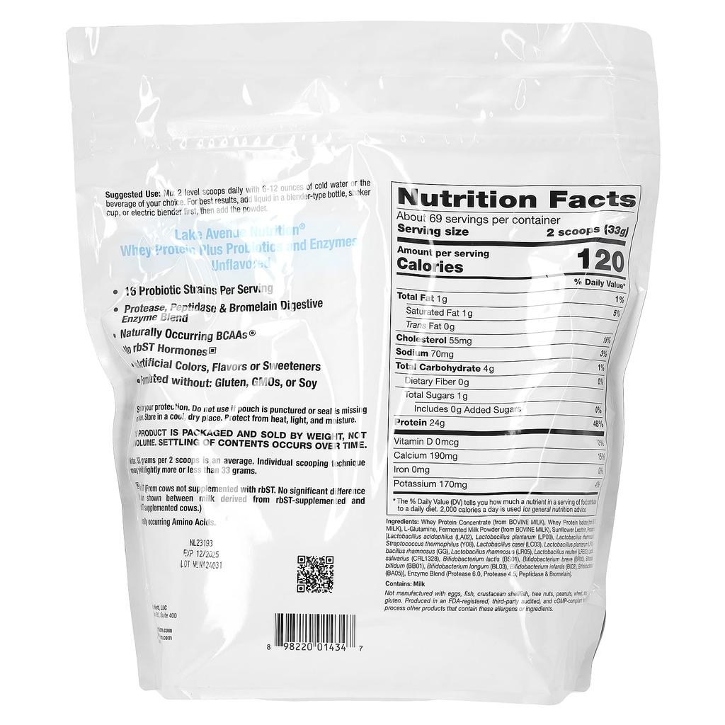 Lake Avenue Nutrition Whey Protein + Probiotic, Unflavored, 5 Lb (2.27 G)