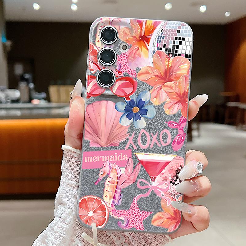 Розовый Чехол с Мультяшным Цветочным Рисунком для Samsung Galaxy A57 A56 A55 A54 5G A37 A36 A35 A34 A17 A16 A15 A14 Силиконовый Чехол с Текстурой Кожи