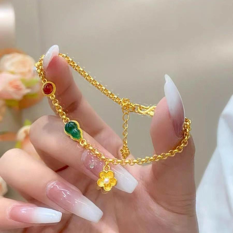 Элегантный золотой браслет в китайском стиле в форме тыквы с зелёными нефритовыми символами и цветочными деталями - Женский ювелирный подарок