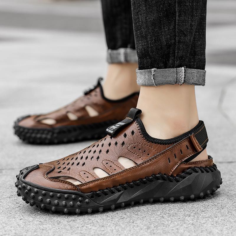 Мужские повседневные дышащие мягкие сандалии из натуральной кожи с ручной строчкой