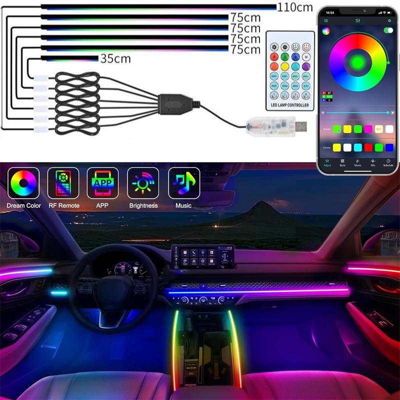 Универсальный комплект светодиодной подсветки салона автомобиля 10-в-1, RGB-подсветка с меняющимися цветами, акриловые светодиодные ленты с управлением через приложение и пульт ДУ для автомобиля