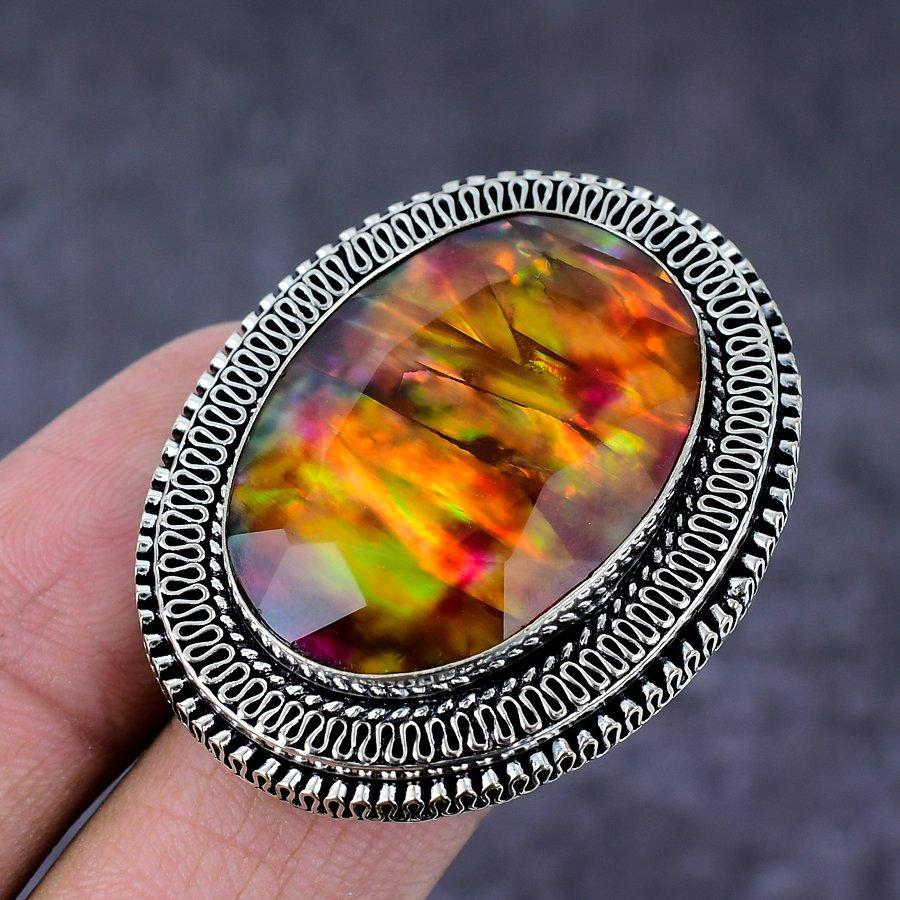 Ювелирное кольцо ручной работы из стерлингового серебра 925 пробы с натуральным драгоценным камнем аммолит, размер 8 t0e83