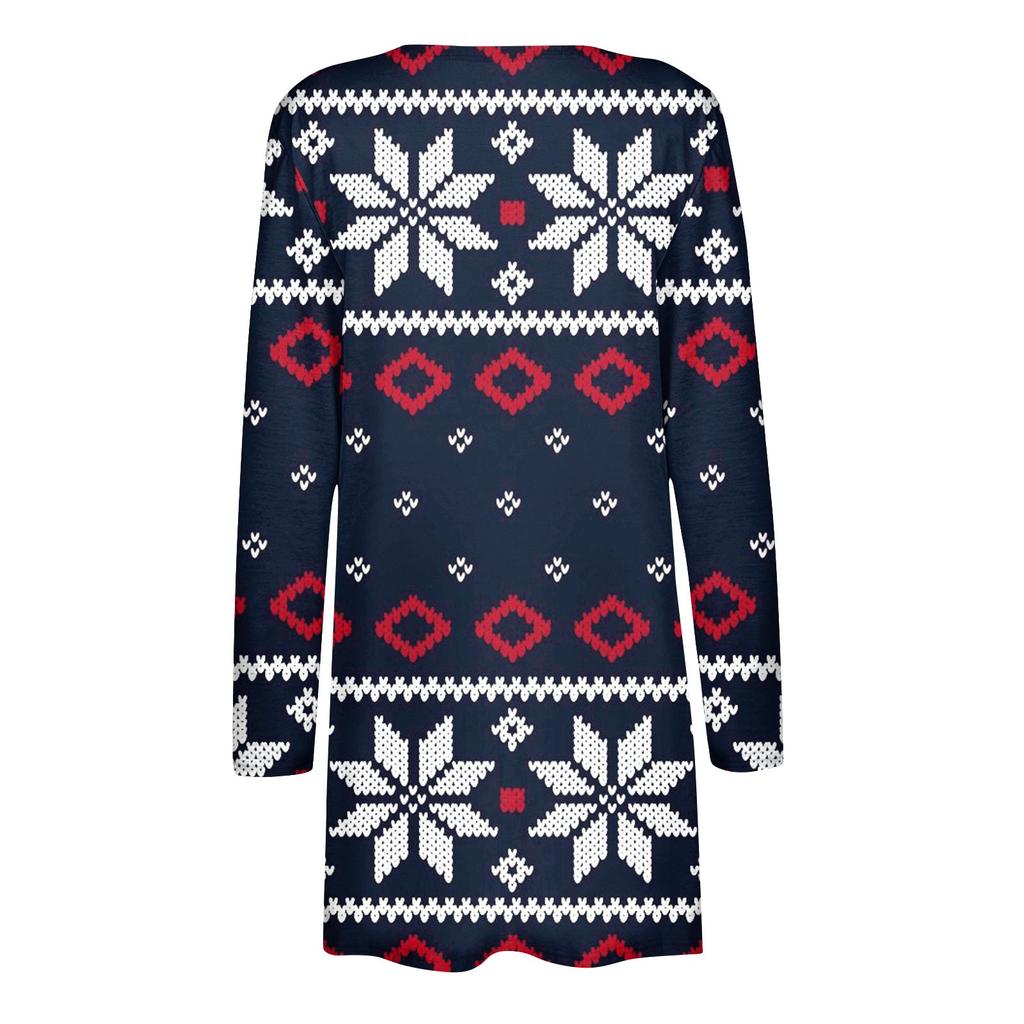 Рождественская женская модная повседневная куртка-кардиган средней длины с длинным рукавом и принтом