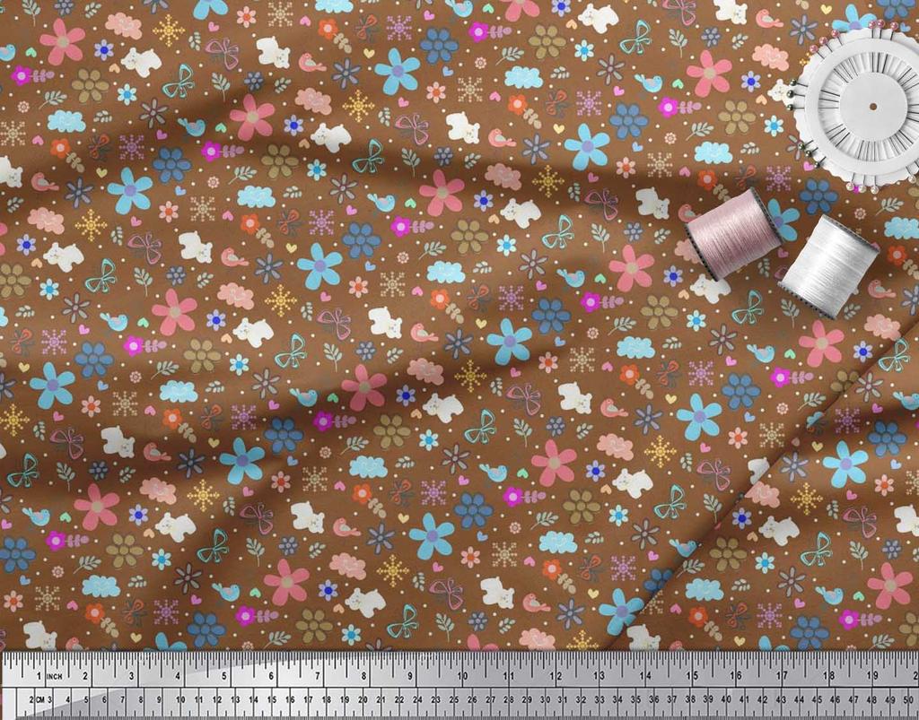 Soimoi Ткань из вискозы синего цвета с принтом «Медведь|Птица и цветы» в ярдах, 42 дюйма