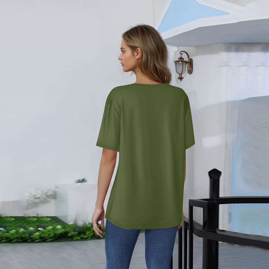 Women's Fashionable Casual Short Sleeve Button Print Round Neck Pullover Top