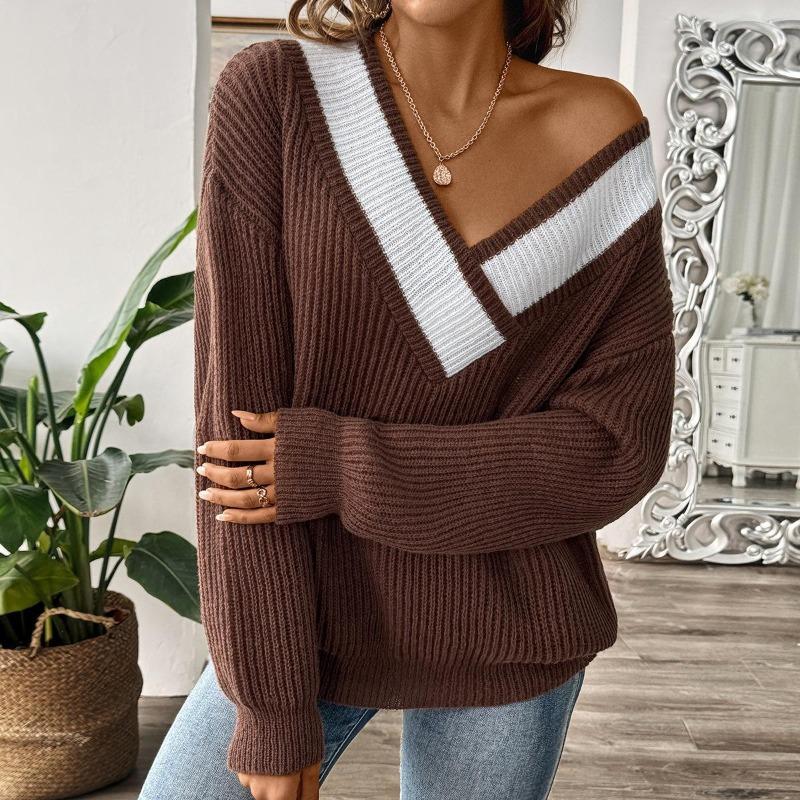 Women S V Neck Loose Fit Pullover Sweater Autumn Street Style