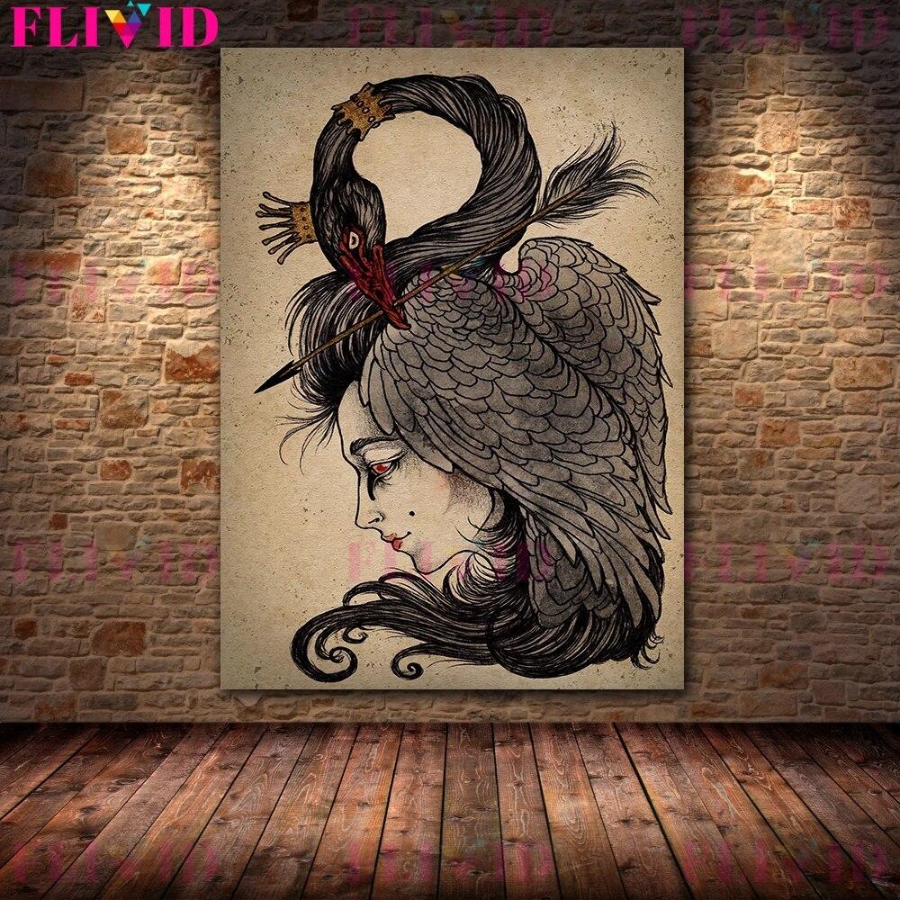 Абстрактное искусство постер с птицами, животными и девочками, ретро-сюрреалистический женский настенный художественный холст, принт для декора гостиной, без рамы, без рамки