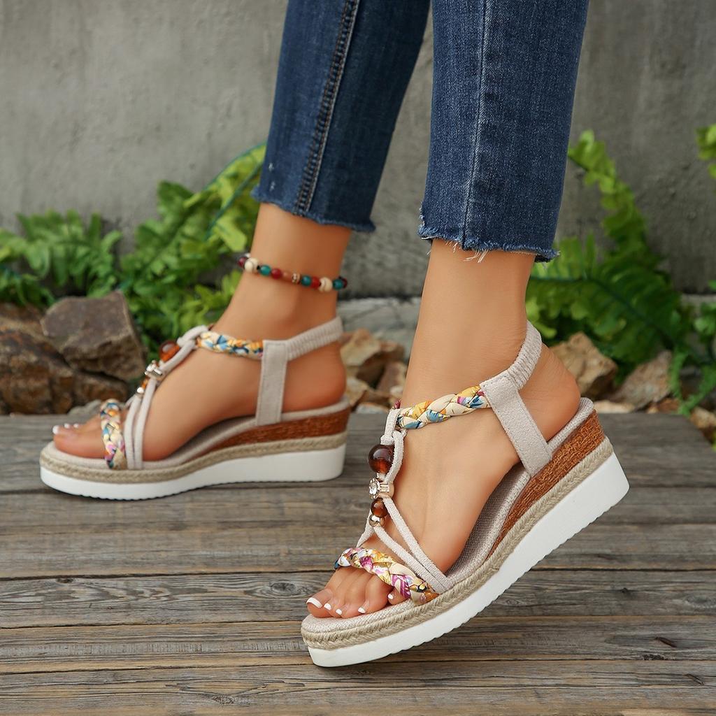Women's Wide Width Ethnic Sandals, Beaded Elastic Wedge Slides, Wholesale Summer Shoes In Stock
