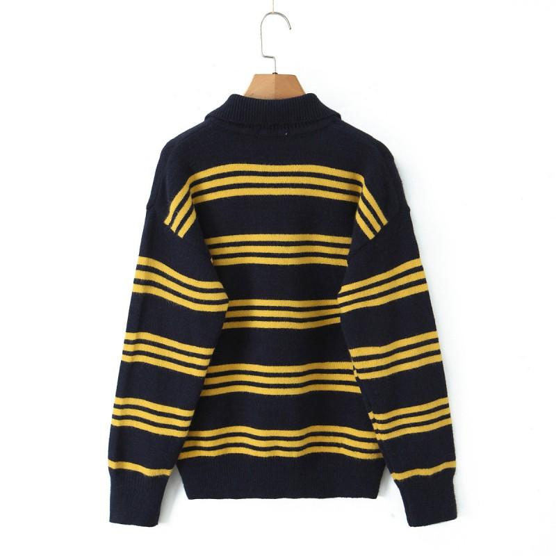 Oversized Polo Collar Knit Sweater With Retro Striped Colorblock Design Loose Fit Long Sleeve Fall Top