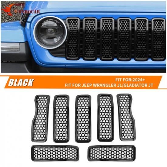7PCS Black Front Grille erts Mesh Grill Frame Trim for Jeep Wrangler JL 2024+