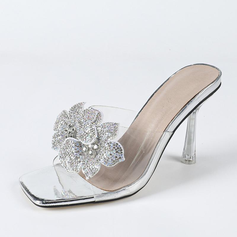 Мода Liyke Мода Золото Стразы Цветы Квадратный Носок 9СМ Прозрачные Каблуки Тапочки Летние Сандалии Прозрачная Обувь Для Женщин Мюли Слайды