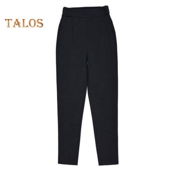 Women Pants Elastic High Waist Solid Color Slim Fit Trousers with Pockets Casual Commuting Style Office Lady Pants