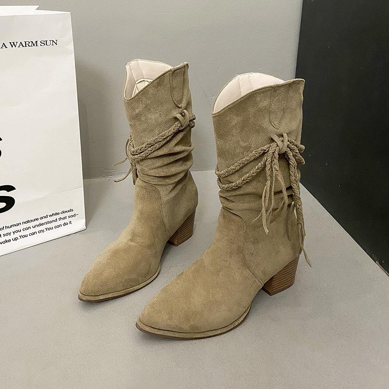 2025 осень ретро бахрома рыцарские сапоги толстый каблук, но сапоги до колена тонкий ворс остроносые сапоги женские