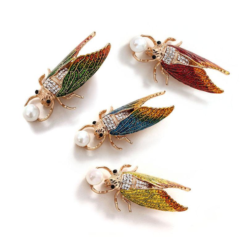 High Grade Pearl Enamel Cicada Brooches For Women Inlaid Rhinestone Simulation Design Animal Brooch Pins Jewelry
