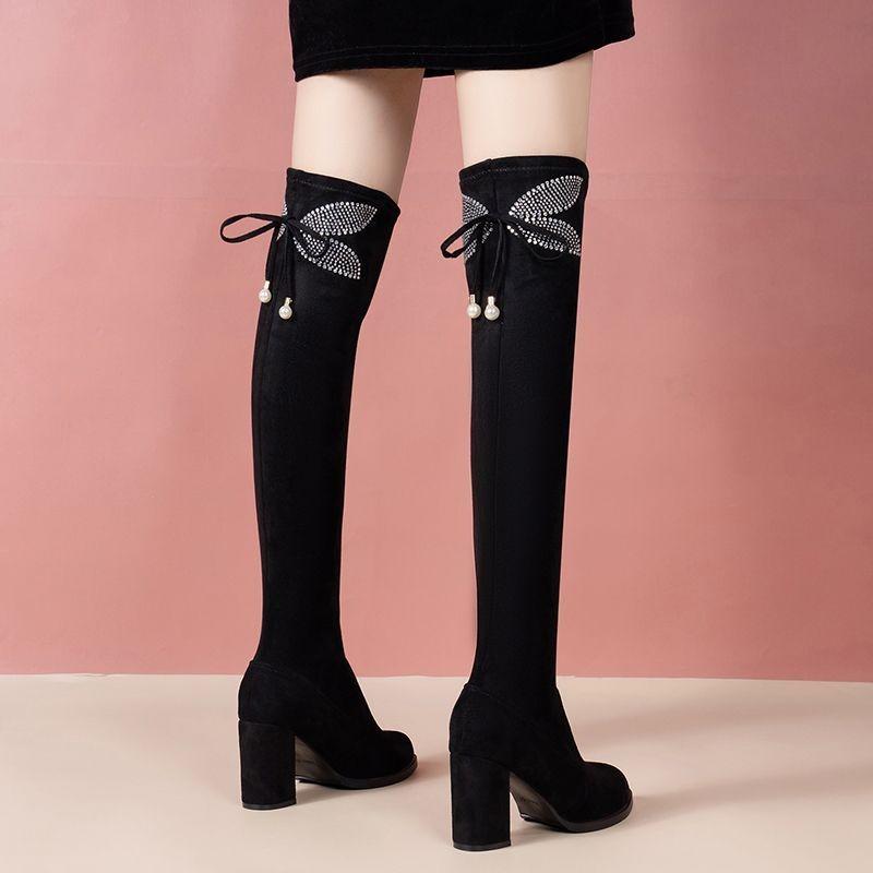 Модные Элегантные Туфли на Каблуке со Стразами с Круглым Носком Выше Колена Женские Осенне-Зимние Ботинки-Чулки из Черной Замши для Женщин