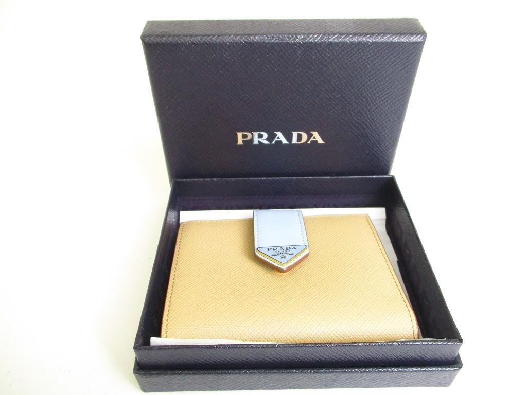 Authentic PRADA Sand Light Blue Leather Small Saffiano and smooth leather wallet #a066 Open box