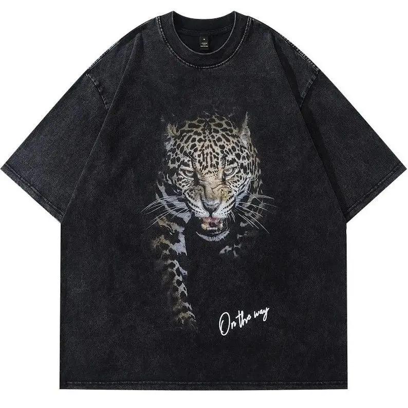 Leopard Print T-shirt Oversized Washed T-shirt Print Vintage Retro Punk and Gothic Unisex Adult Hot Stamping 100% Cotton